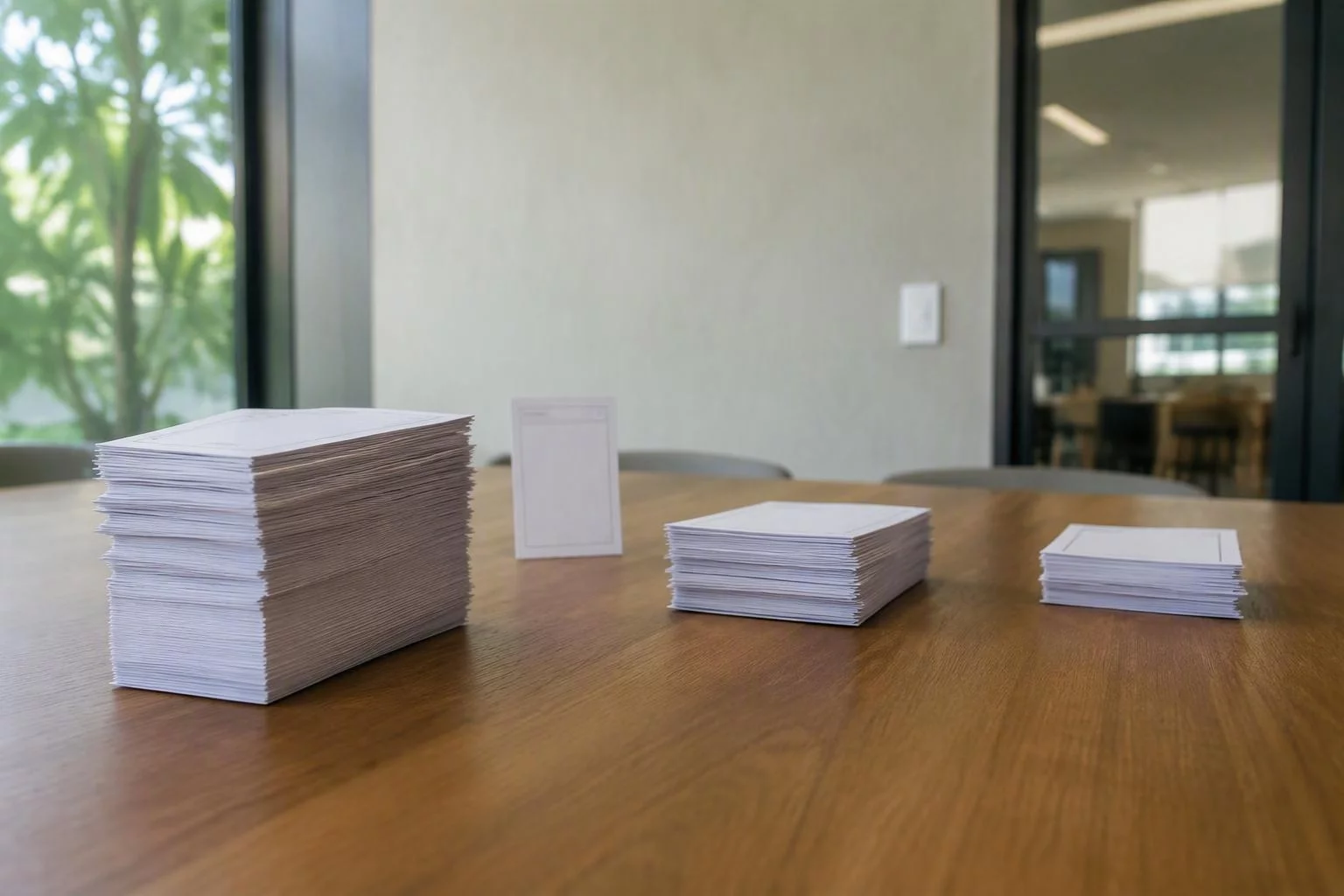 Cartões de requisitos separados em três montes sobre a mesa de reunião