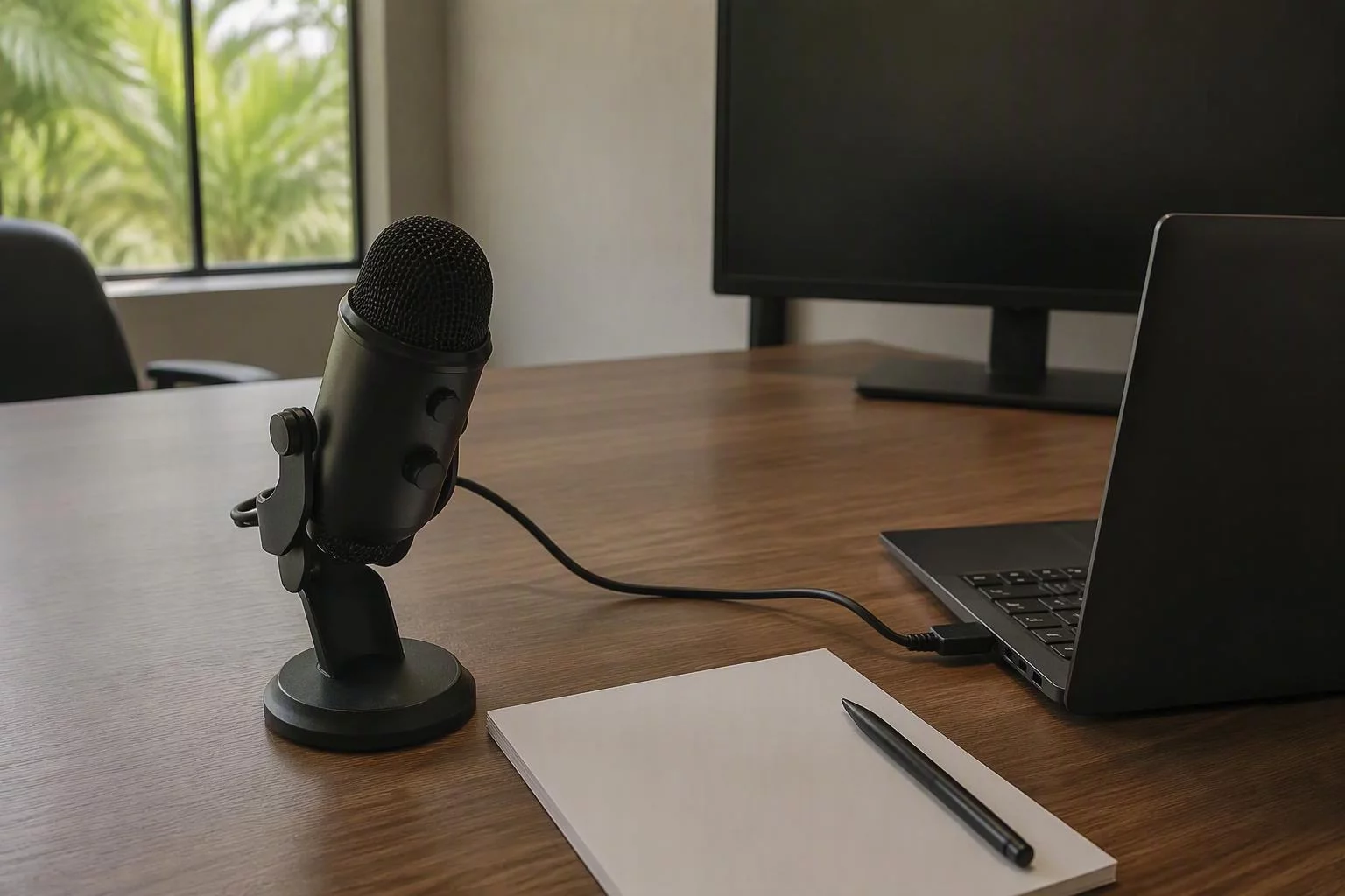 Microfone de mesa usado para gravar as demonstrações dos fornecedores