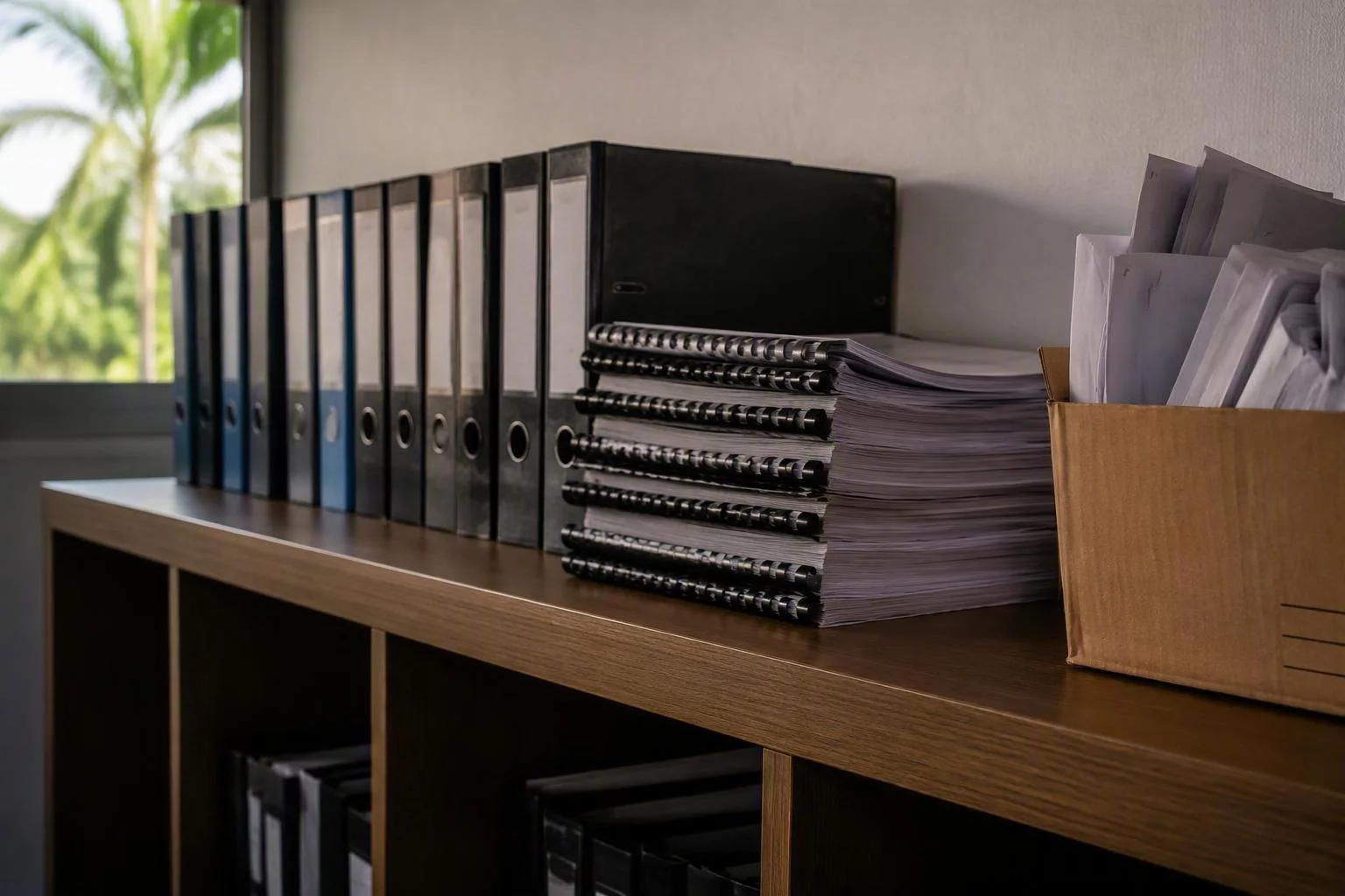Prateleira com fichários de propostas e manuais de sistema