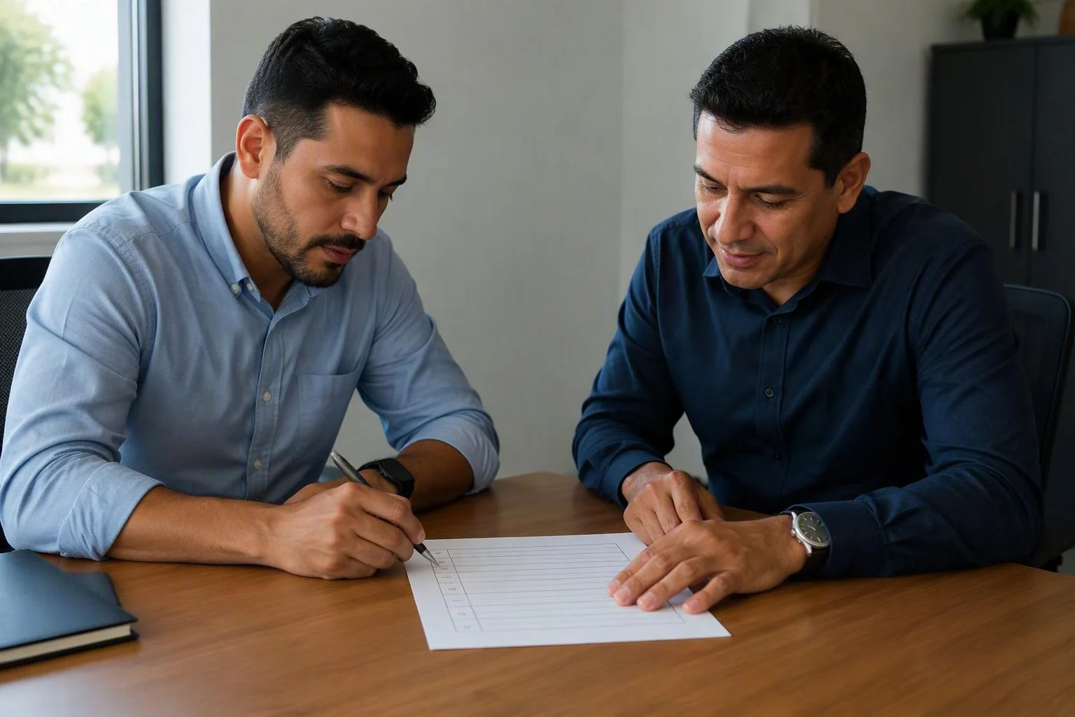 Consultor e gerente conferindo a lista de requisitos impressa sobre a mesa