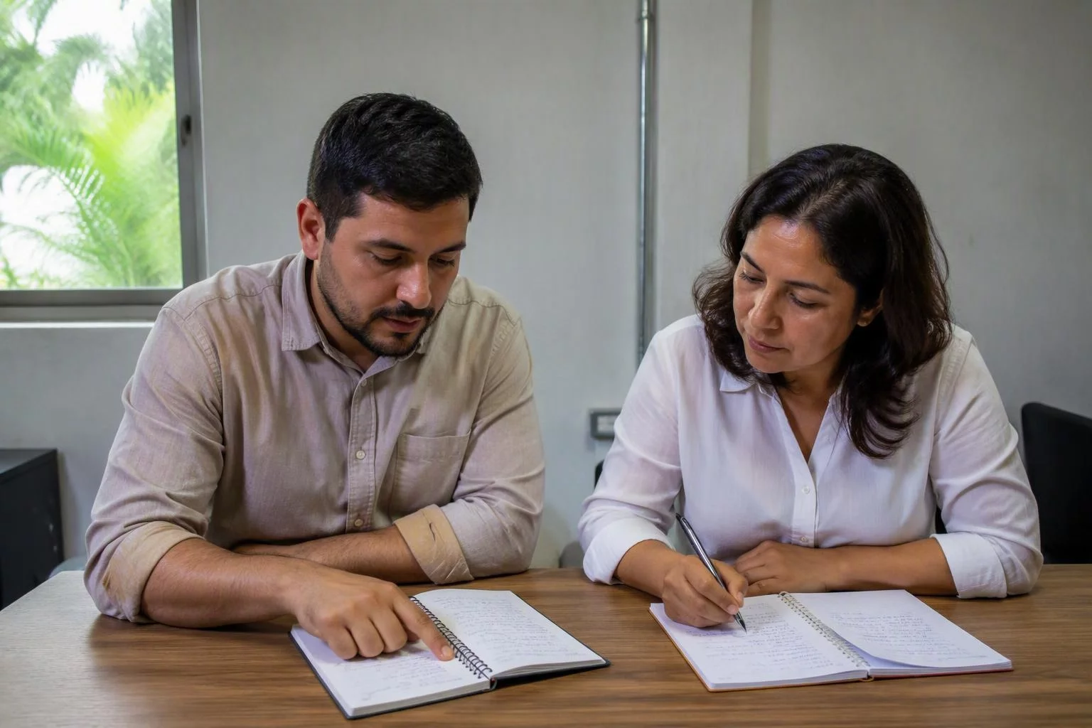 Duas pessoas comparando anotações de duas demonstrações de sistema